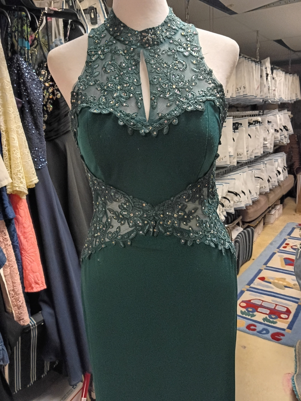 A286 City Triangles Emerald Green Beaded Halter Prom Dress